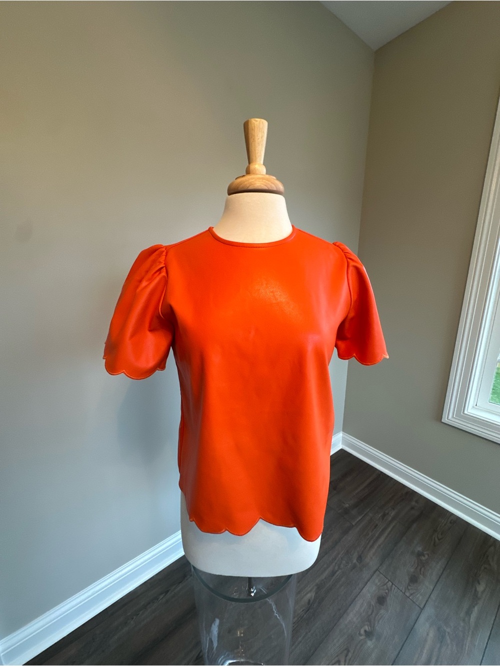 THML Scalloped Puff Sleeve Tee in Vibrant Orange Faux Leather Style